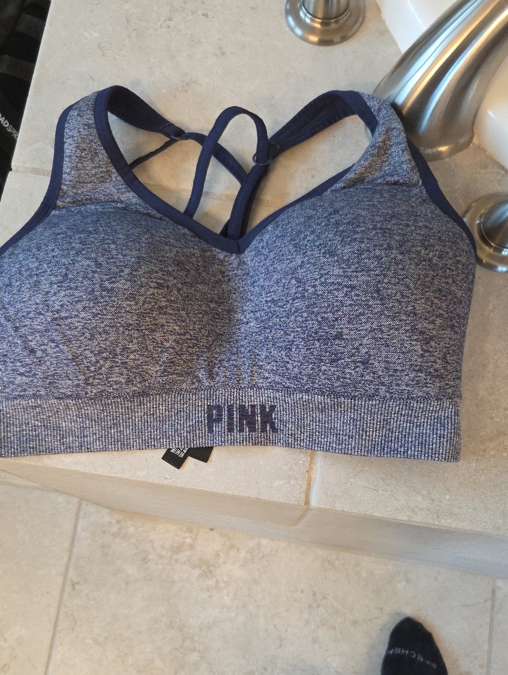 PINK Victoria's Secret Heathered Navy Blue Strappy Seamless Sports Bra